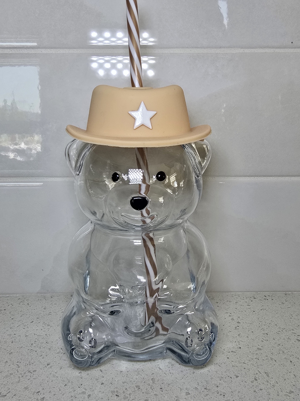 Kirkland's Sculpted Western Cowboy Bear Glass Tumbler w/ Straw 19 oz NEW